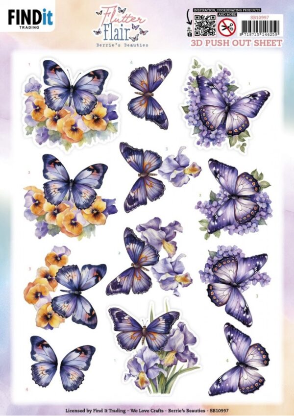 3D Push out Sheet - Berries Beauties - Flutter Flair - Purple Flutters SB10997