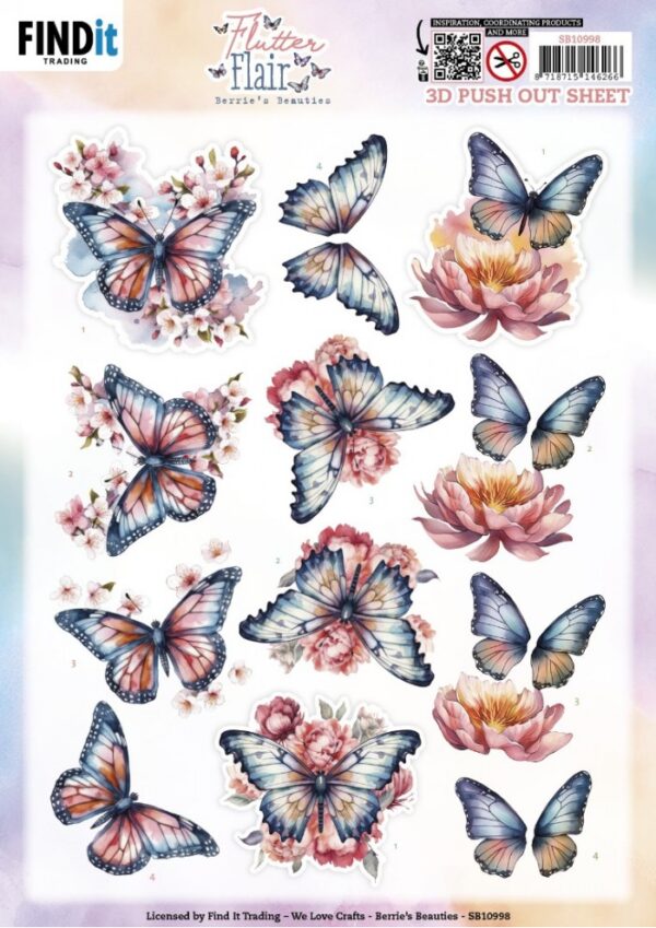 3D Push out Sheet - Berries Beauties - Flutter Flair - Pink Flutters SB10998