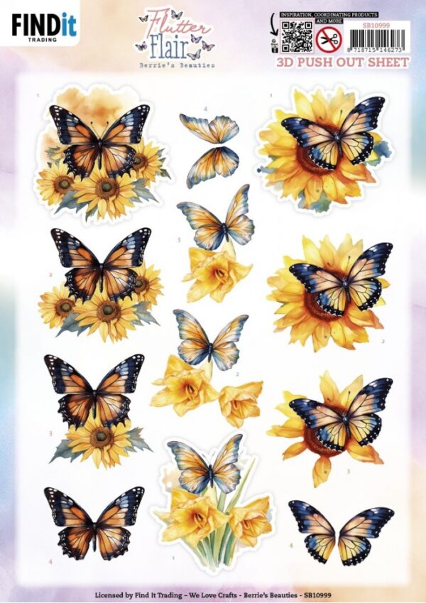 3D Push out Sheet - Berries Beauties - Flutter Flair - Yellow Flutters SB10999