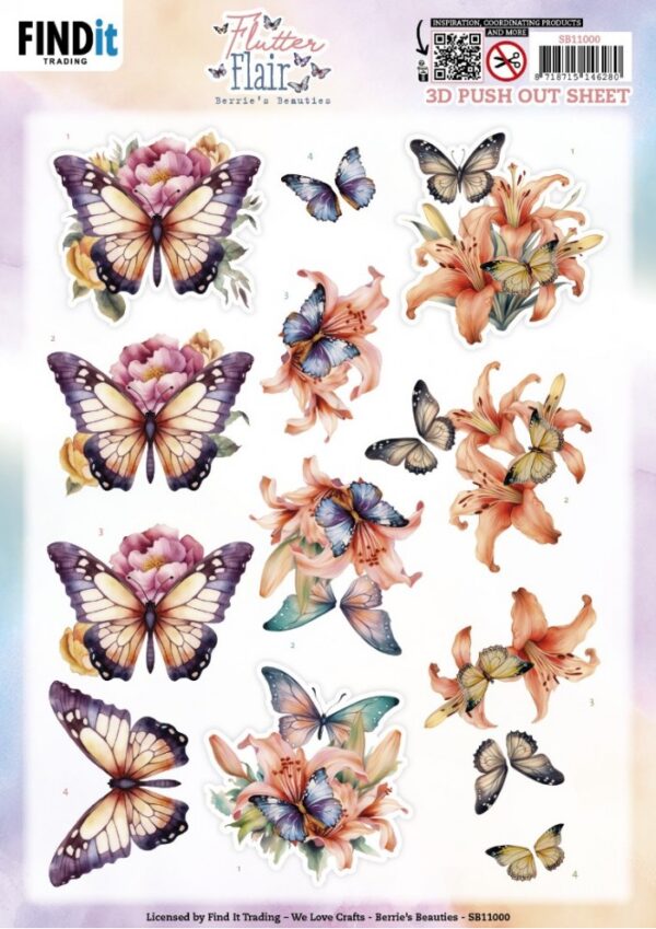 3D Push out Sheet - Berries Beauties - Flutter Flair - Orange Flutters SB11000